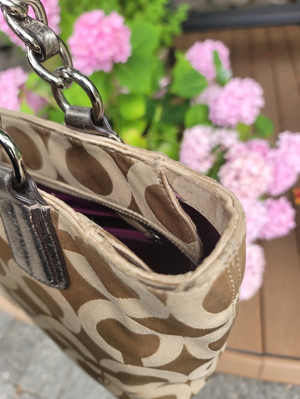 Coach Beige and Tan Signature Jacquard Tote with Metallic Trim - Picture 10 of 13
